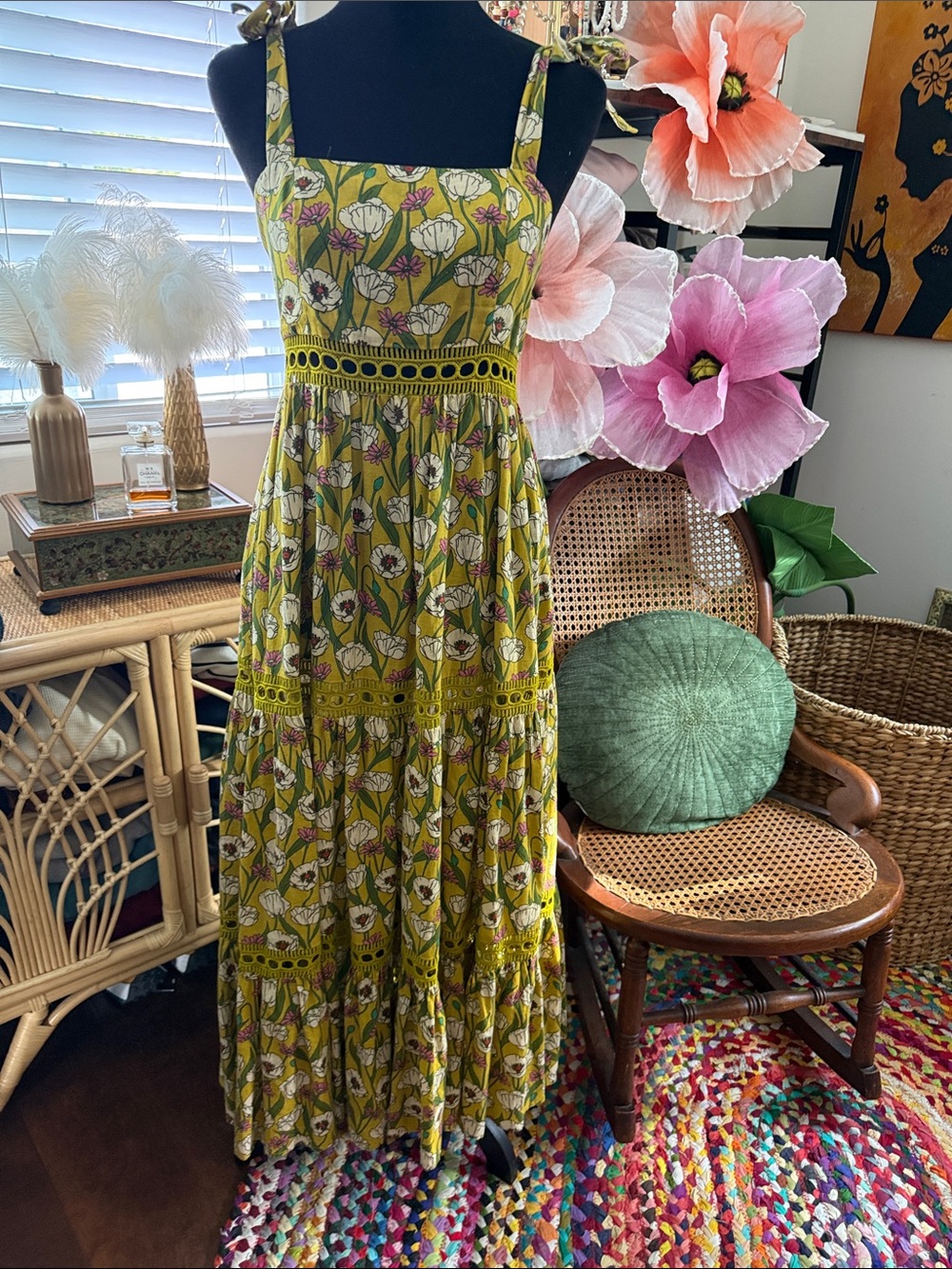 BTB Los Angeles Mustard Floral Shoulder Tie Cutwork Crochet Boho Midi Maxi Dress
